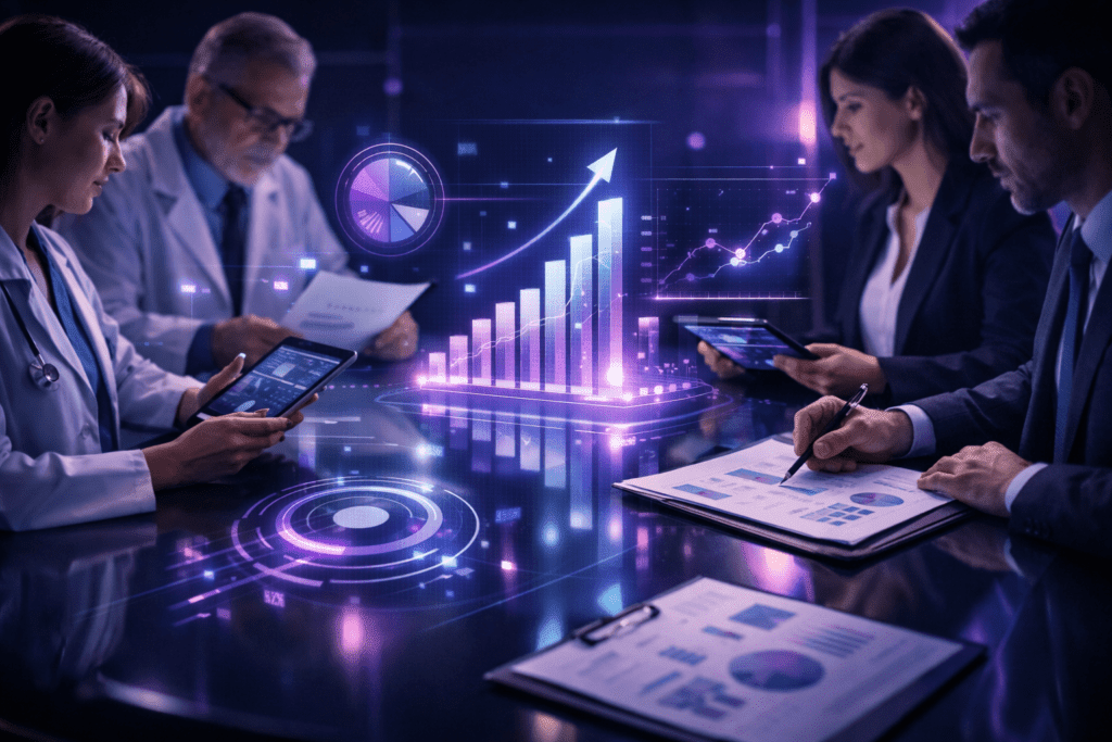 Profissionais reunidos discutindo sobre o ROI da auditoria inteligente