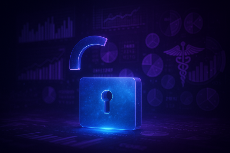 Ilustração digital de cadeado aberto em azul neon representando transparência nos dados a partir da atualização da ANS sobre glosas