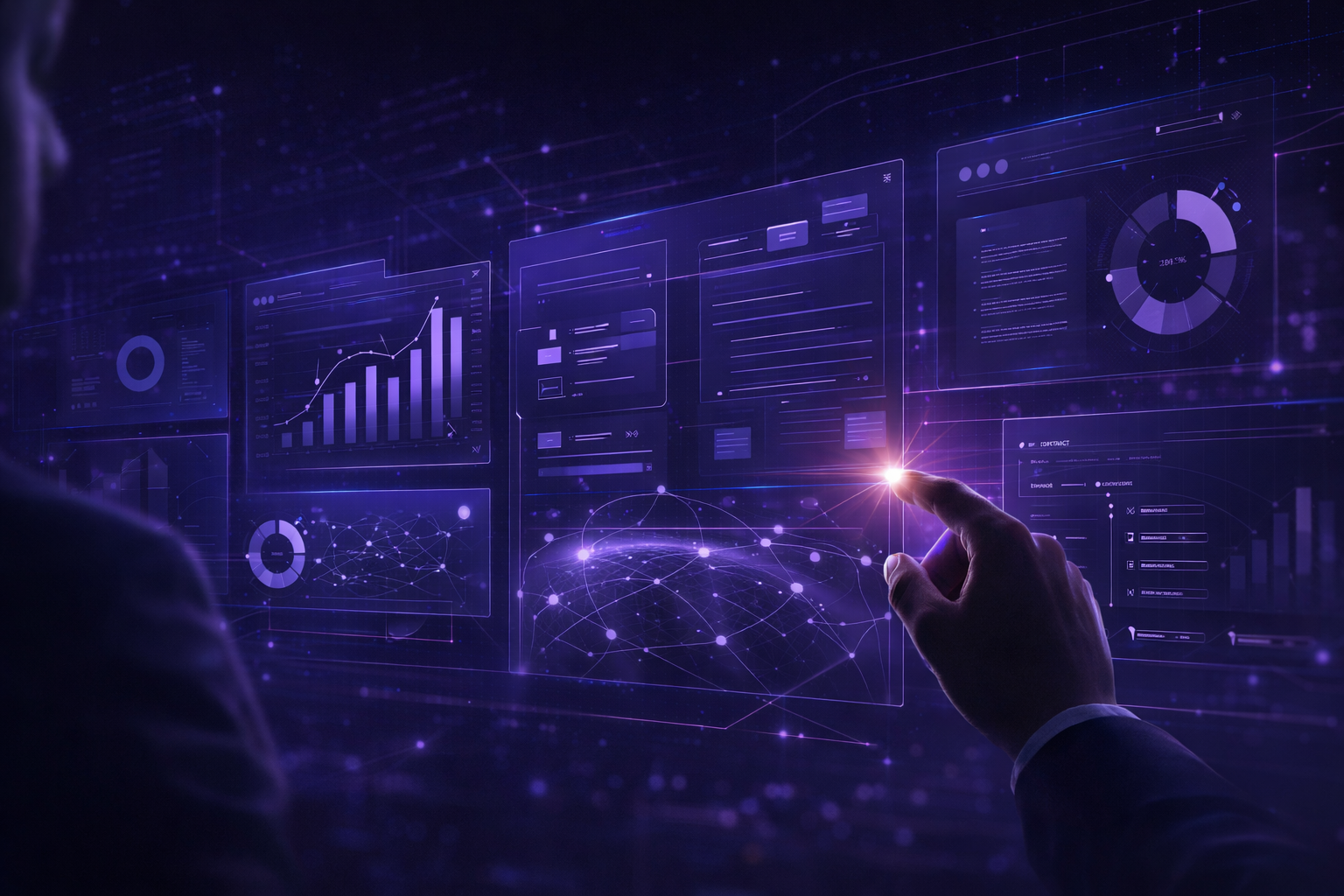 Imagem horizontal com estética corporativa high tech, fundo escuro em tons de roxo e azul, mostrando uma mão profissional interagindo com painéis digitais holográficos de dados, gráficos e fluxos de decisão, representando o uso de IA em compras para análise de gastos, gestão de fornecedores, contratos digitais e tomada de decisão estratégica em ambientes empresariais de grande porte