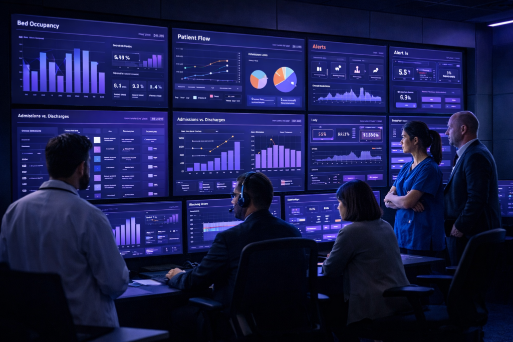 Equipe hospitalar monitora gestão proativa em hospitais através de Command Center com dashboards de ocupação de leitos, fluxo de pacientes e alertas em tempo real