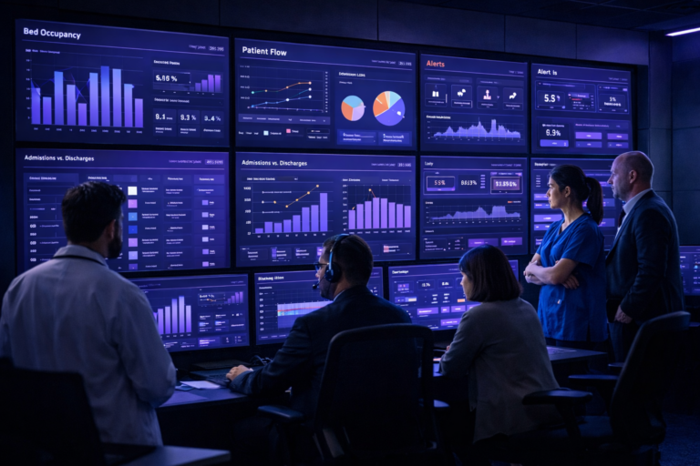 Equipe hospitalar monitora gestão proativa em hospitais através de Command Center com dashboards de ocupação de leitos, fluxo de pacientes e alertas em tempo real