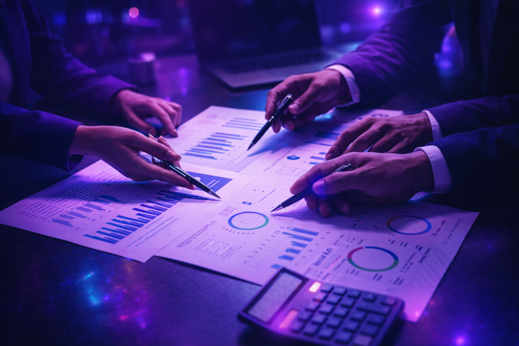 Executivos analisando gráficos e dados do Plano de Gestão Anual 2026 da ANS em reunião estratégica.