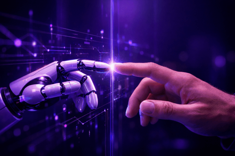 Automação na saúde suplementar: mão humana e robótica se tocando em ambiente digital