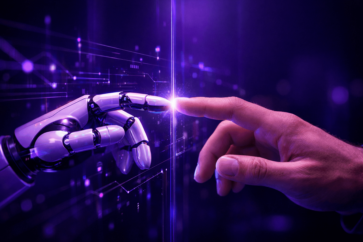 Automação na saúde suplementar: mão humana e robótica se tocando em ambiente digital