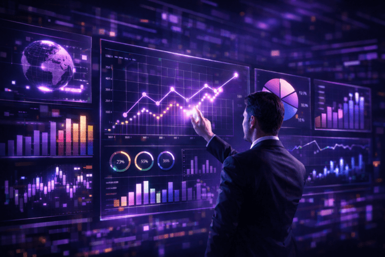 Executivo interagindo com um painel de dados, analisando seus KPIs de compras
