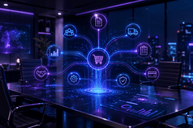 Imagem conceitual sobre compras B2B com interface holográfica de procurement, ícones de fornecedores, aprovação, pagamento e compliance em tons de roxo e azul neon.